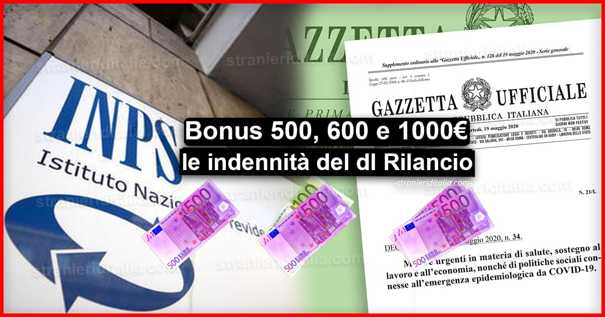 Bonus 500, 600 e 1000 euro: Le indennità del dl Rilancio